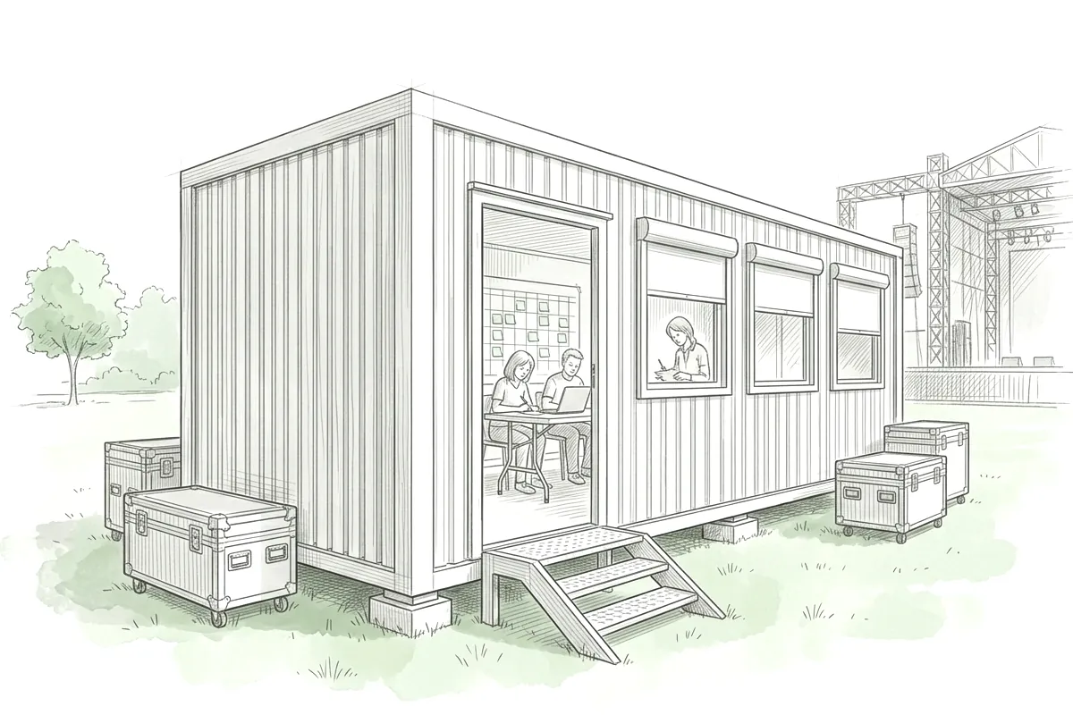 Bureau de production d'un festival dans un module de chantier, une équipe au travail derrière la porte et les fenêtres