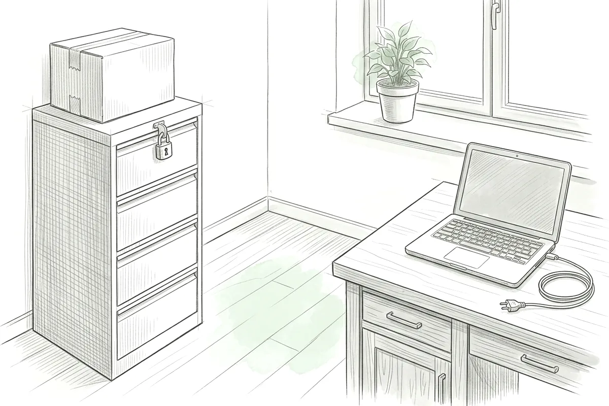 Armoire à dossiers fermée par un cadenas, et ordinateur portable au câble débranché