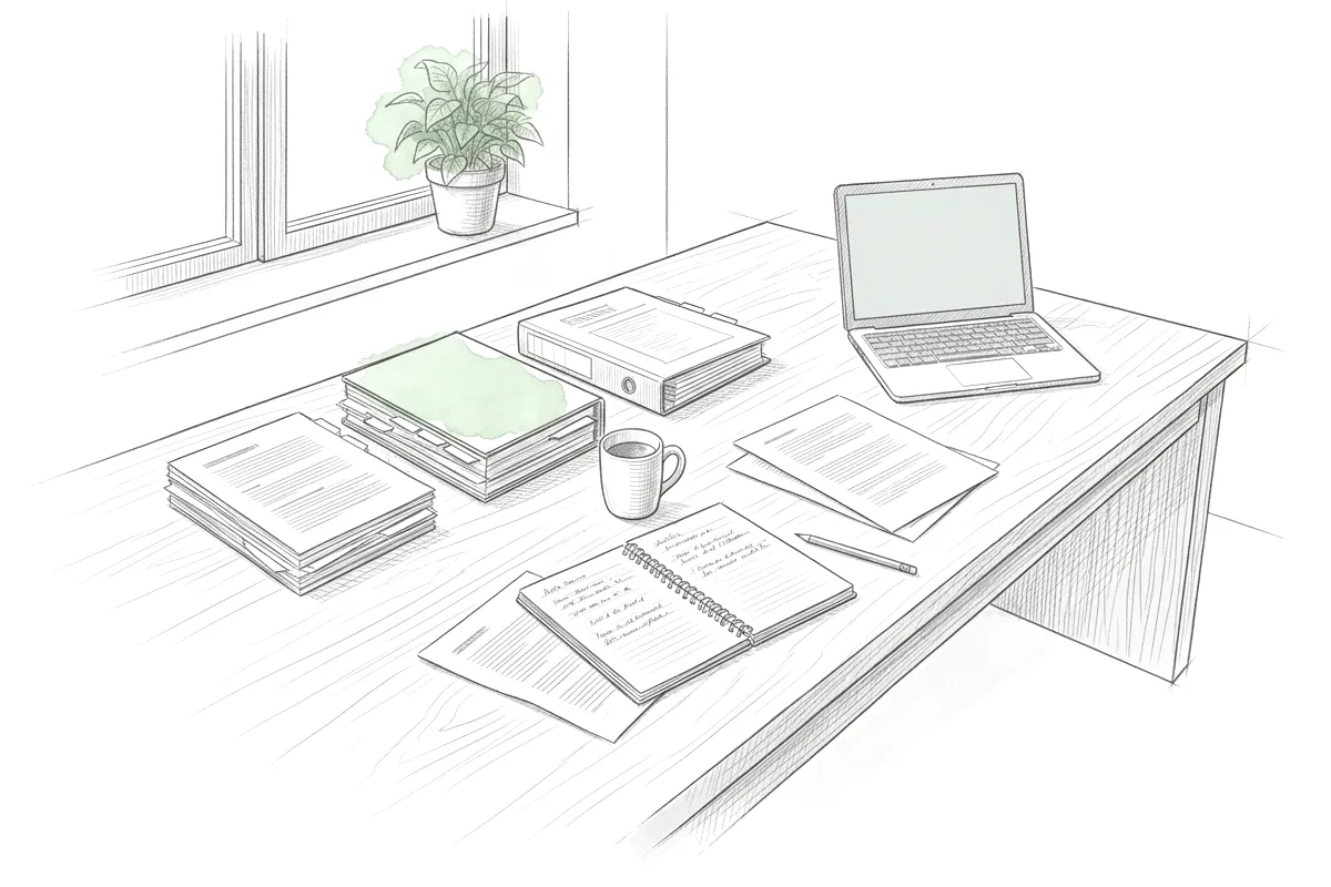 Table de travail couverte de rapports, de classeurs et d'un carnet de notes