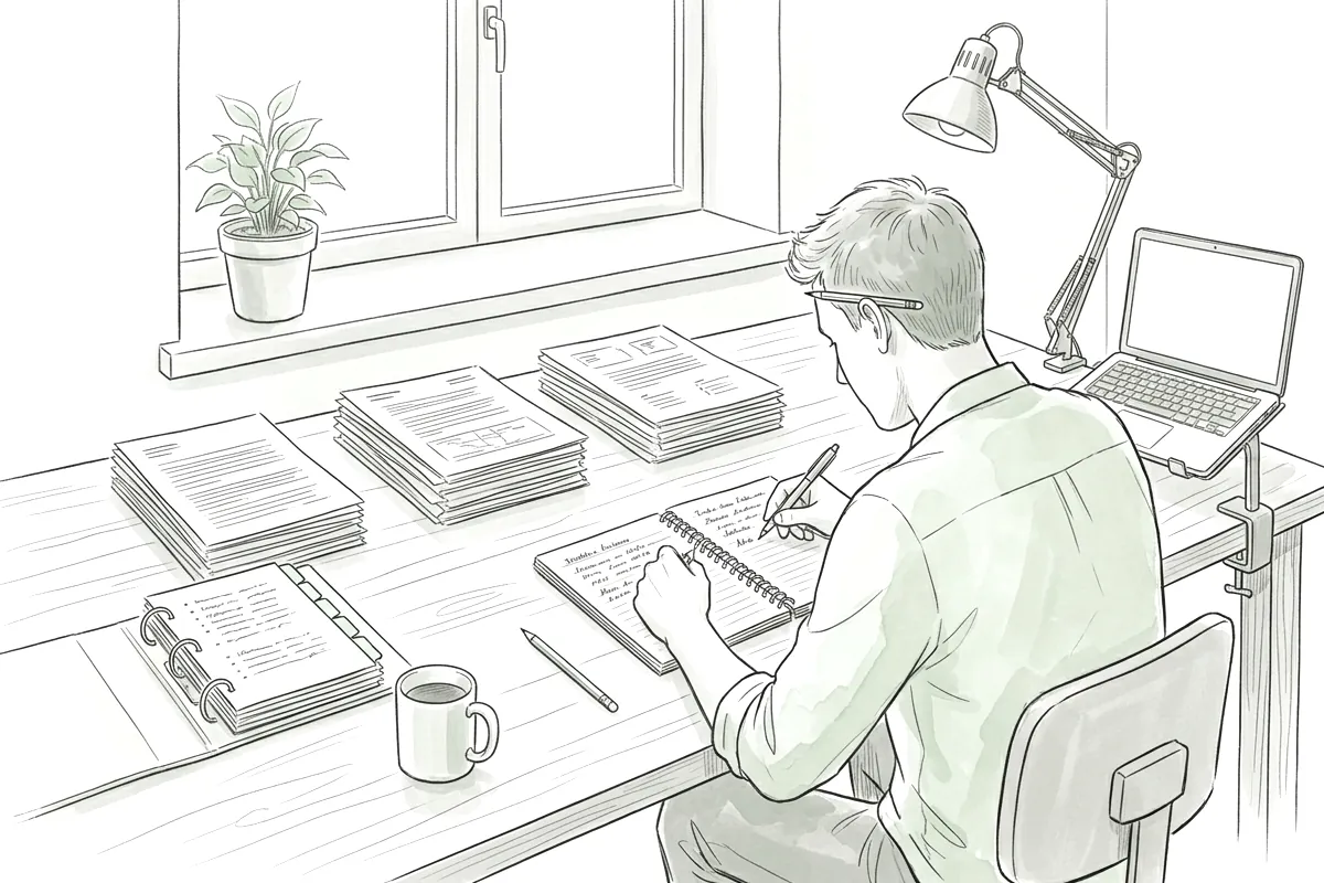 Consultant à sa table, prenant des notes à côté de piles de documents et d'un ordinateur portable